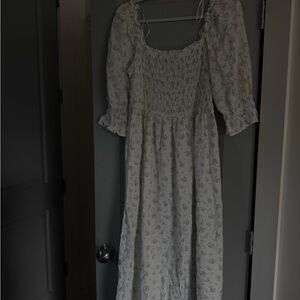H&M White Maxi Dress with Green Floral Print